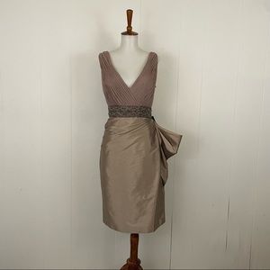 Monique Lhuillier Swiss Dot V-Neck Sleeveless Beaded Waist Sheath Dress